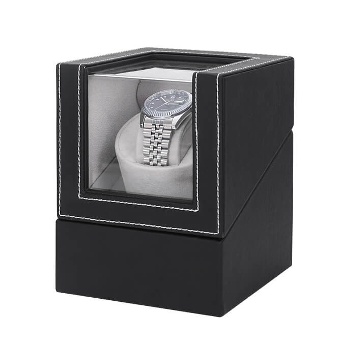 Maselex Single Black Leather Shell Watch Winder with Gray Flannelet Interior