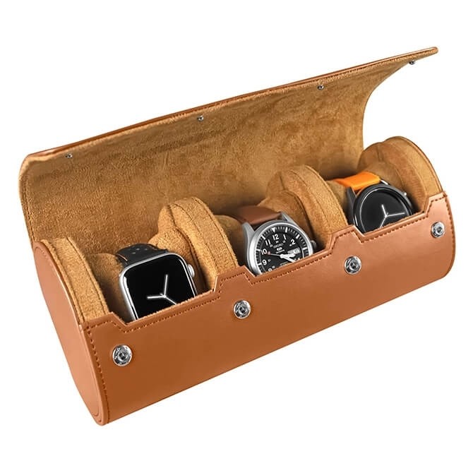 Jqueen Brown Leather Watch Roll Travel Case For 3 Watches
