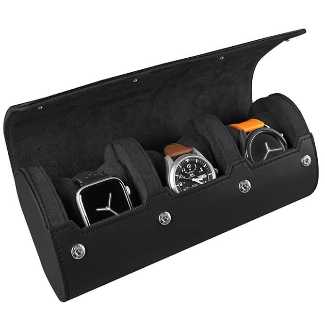 Jqueen Black Leather Watch Roll Travel Case For 3 Watches