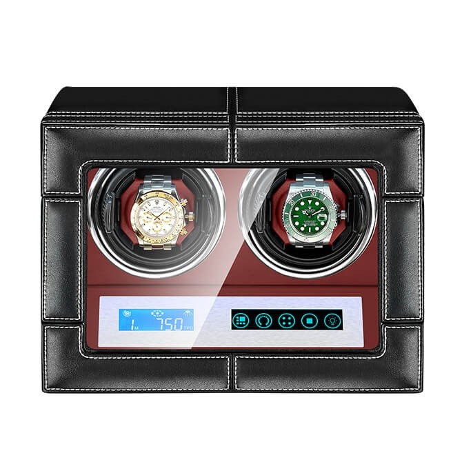 Black Red Leather Watch Winder 2 Watches with Quiet Motors with LCD Screen