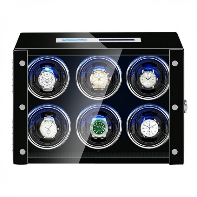 Six Automatic Watch Winder With LCD Touch Screen in Black & Red Interior